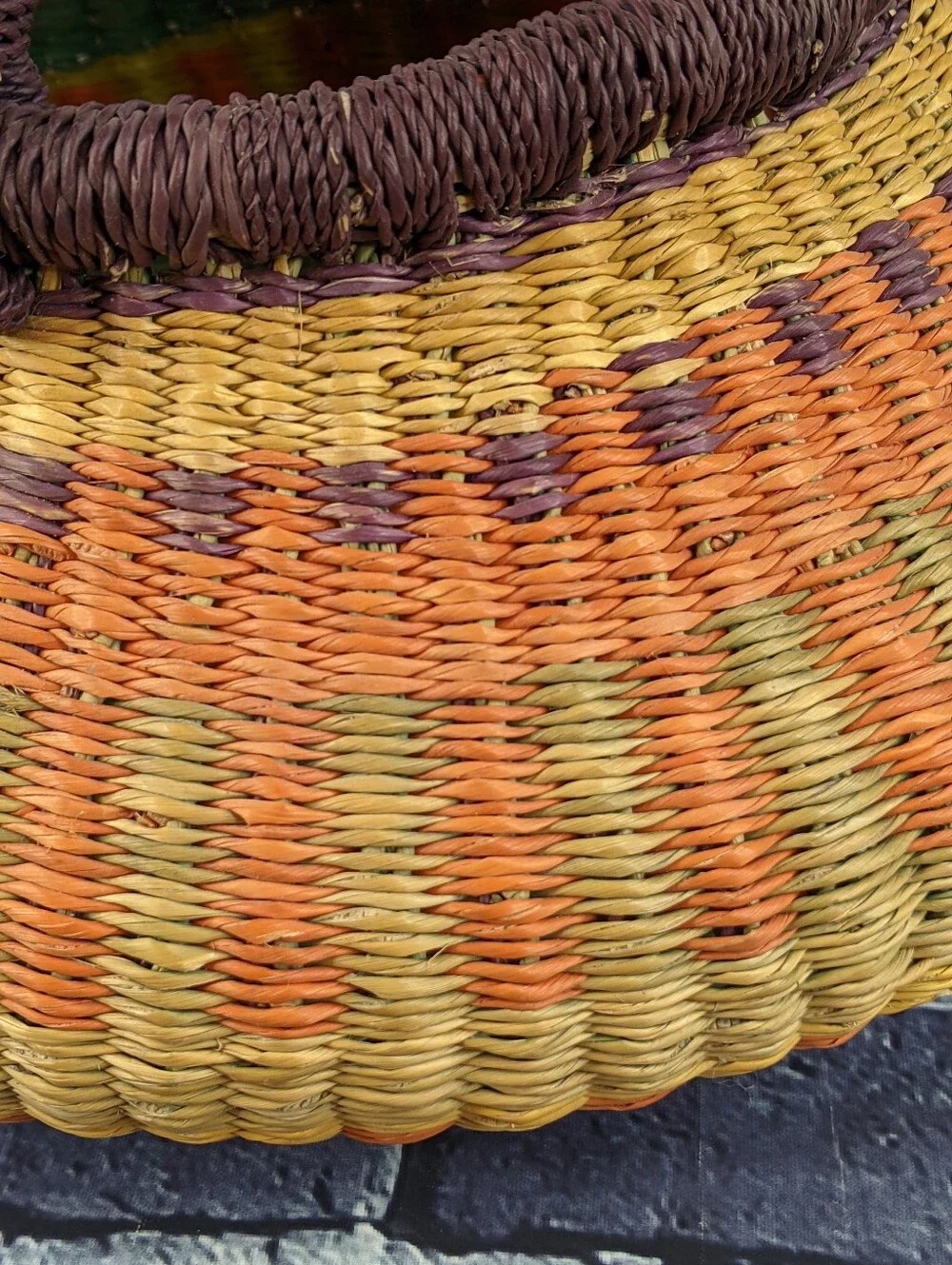 Handwoven African Bolga Basket w/ Wrapped Leather Handle